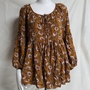 Ciel USA brown floral peasant blouse size Large, EUC